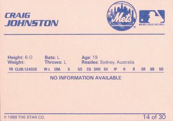 1989 Star Kingsport Mets #14 Craig Johnston Back