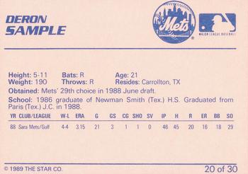 1989 Star Kingsport Mets #20 Deron Sample Back