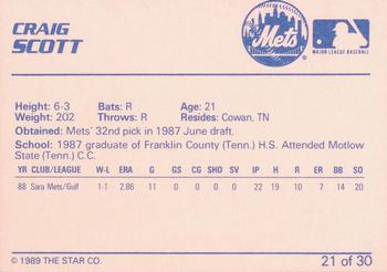 1989 Star Kingsport Mets #21 Craig Scott Back