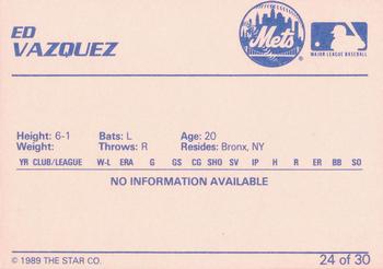 1989 Star Kingsport Mets #24 Ed Vazquez Back