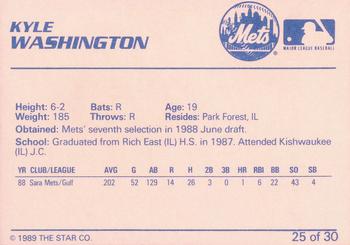 1989 Star Kingsport Mets #25 Kyle Washington Back