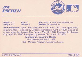 1989 Star Kingsport Mets #26 Jim Eschen Back