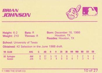 1989 Star Kinston Indians #10 Brian Johnson Back