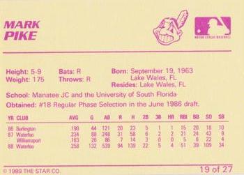 1989 Star Kinston Indians #19 Mark Pike Back