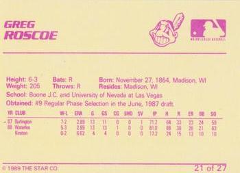 1989 Star Kinston Indians #21 Greg Roscoe Back