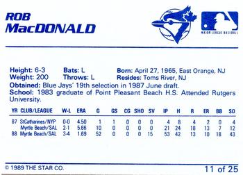 1989 Star Knoxville Blue Jays #11 Rob MacDonald Back