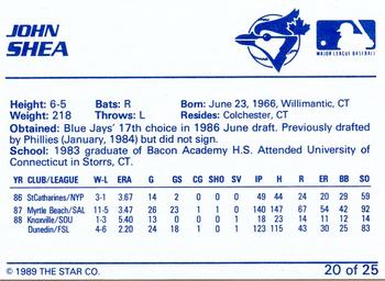 1989 Star Knoxville Blue Jays #20 John Shea Back