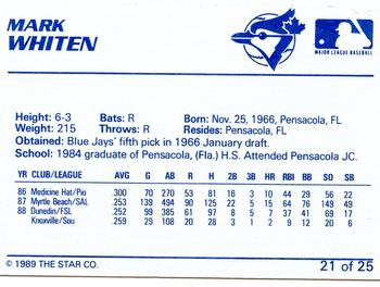 1989 Star Knoxville Blue Jays #21 Mark Whiten Back