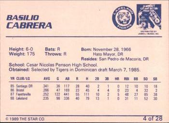 1989 Star Lakeland Tigers #4 Basilio Cabrera Back