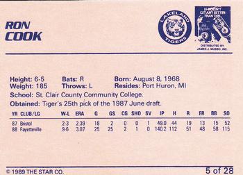 1989 Star Lakeland Tigers #5 Ron Cook Back