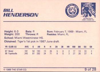 1989 Star Lakeland Tigers #9 Bill Henderson Back