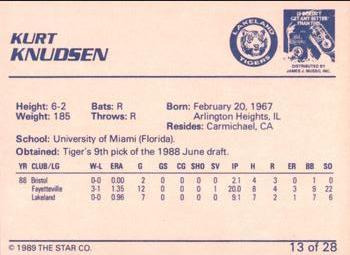 1989 Star Lakeland Tigers #13 Kurt Knudsen Back