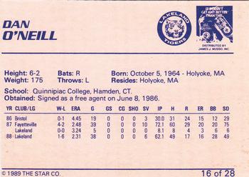 1989 Star Lakeland Tigers #16 Dan O'Neill Back
