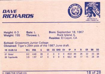1989 Star Lakeland Tigers #18 Dave Richards Back