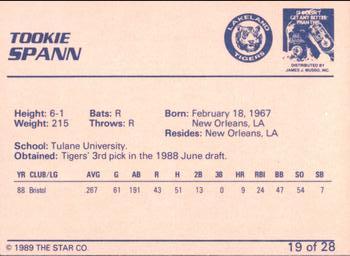 1989 Star Lakeland Tigers #19 Tookie Spann Back