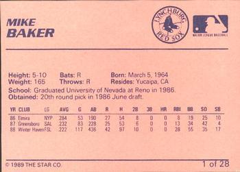 1989 Star Lynchburg Red Sox #1 Mike Baker Back