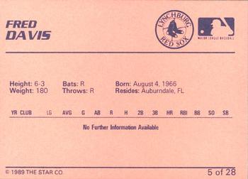 1989 Star Lynchburg Red Sox #5 Fred Davis Back