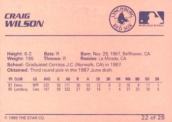 1989 Star Lynchburg Red Sox #22 Craig Wilson Back