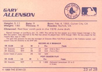 1989 Star Lynchburg Red Sox #23 Gary Allenson Back