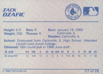 1989 Star Lynchburg Red Sox #27 Zack Dzafic Back