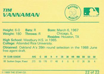 1989 Star Madison Muskies #22 Tim Vannaman Back