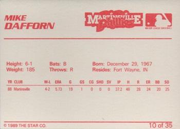 1989 Star Martinsville Phillies #10 Mike Dafforn Back