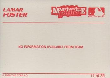 1989 Star Martinsville Phillies #11 Lamar Foster Back