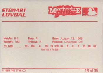 1989 Star Martinsville Phillies #18 Stewart Lovdal Back