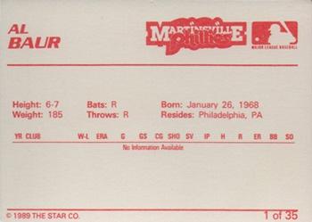 1989 Star Martinsville Phillies #1 Al Baur Back