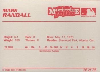 1989 Star Martinsville Phillies #26 Mark Randall Back