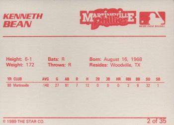 1989 Star Martinsville Phillies #2 Kenneth Bean Back