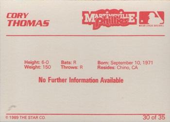 1989 Star Martinsville Phillies #30 Corey Thomas Back