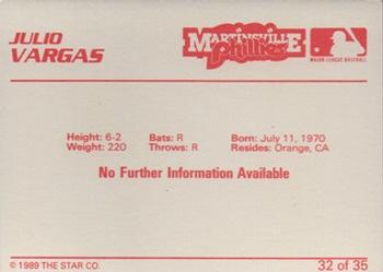 1989 Star Martinsville Phillies #32 Julio Vargas Back