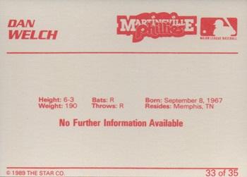 1989 Star Martinsville Phillies #33 Dan Welch Back