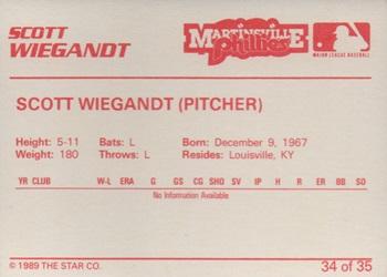 1989 Star Martinsville Phillies #34 Scott Wiegandt Back