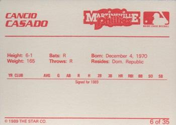 1989 Star Martinsville Phillies #6 Cancio Casado Back