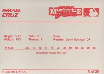 1989 Star Martinsville Phillies #8 Ismael Cruz Back