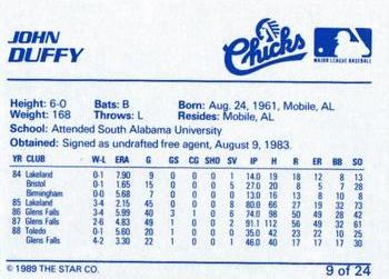 1989 Star Memphis Chicks #9 John Duffy Back