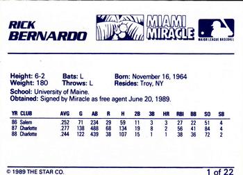1989 Star Miami Miracle II #1 Rick Bernardo Back