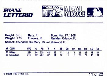 1989 Star Miami Miracle II #11 Shane Letterio Back