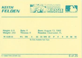 1989 Star Miami Miracle I #6 Keith Felden Back