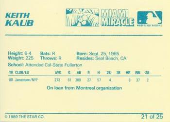 1989 Star Miami Miracle I #21 Keith Kaub Back