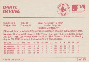 1989 Star New Britain Red Sox #7 Daryl Irvine Back
