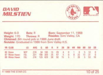 1989 Star New Britain Red Sox #10 David Milstien Back
