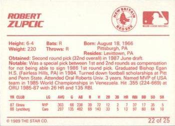 1989 Star New Britain Red Sox #22 Robert Zupcic Back