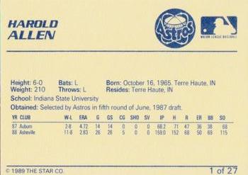 1989 Star Osceola Astros #1 Harold Allen Back