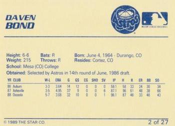 1989 Star Osceola Astros #2 Daven Bond Back