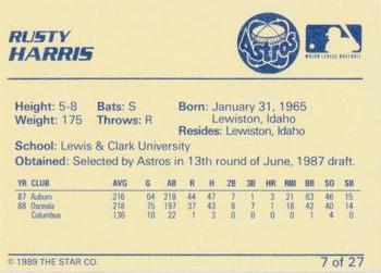 1989 Star Osceola Astros #7 Rusty Harris Back