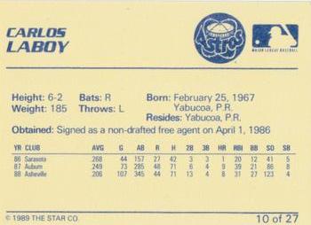 1989 Star Osceola Astros #10 Carlos Laboy Back