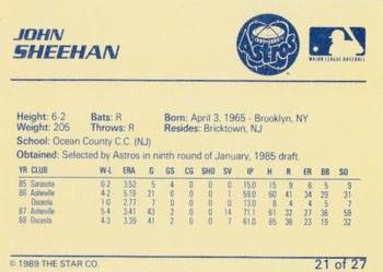 1989 Star Osceola Astros #21 John Sheehan Back